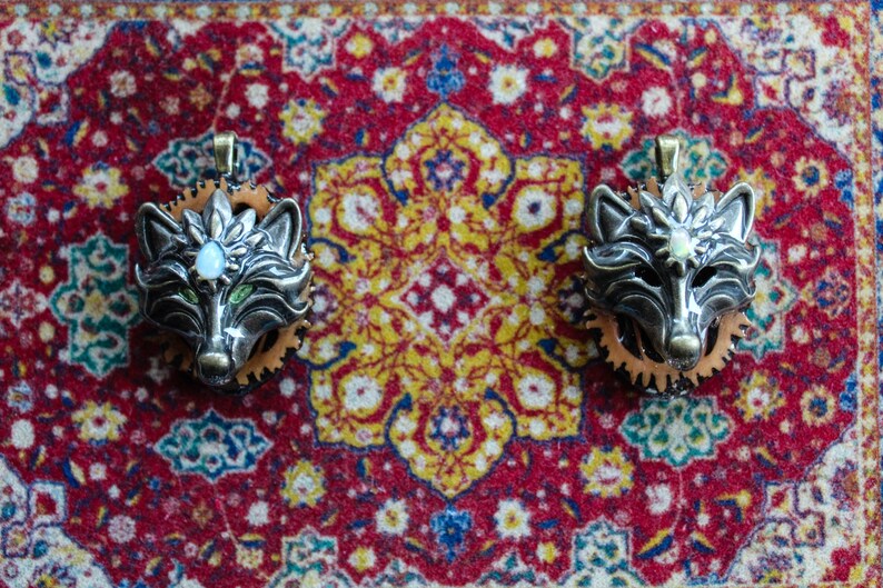 PAIR 3rd Eye Wolves with Opals and Peridot HYPNOMADIC healing music festival black walnut pendant set
