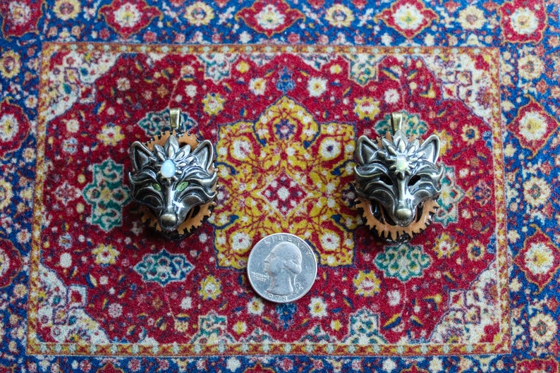 PAIR 3rd Eye Wolves with Opals and Peridot HYPNOMADIC healing music festival black walnut pendant set