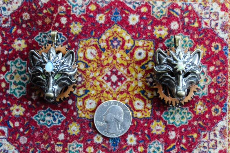PAIR 3rd Eye Wolves with Opals and Peridot HYPNOMADIC healing music festival black walnut pendant set