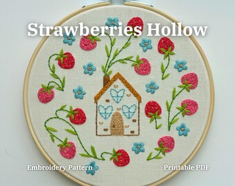 Strawberry House Embroidery Pattern PDF, Cottagecore Hand Embroidery Design, Beginner Friendly, Printable Template