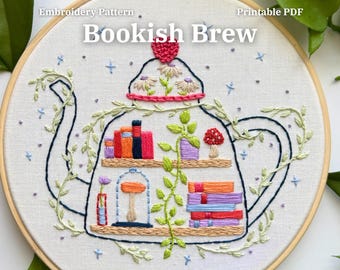 Hand Embroidery Pattern PDF – Teapot Bookshelf Embroidery Design – Printable Embroidery Template – Cottagecore Hoop Art – Bookish Brew
