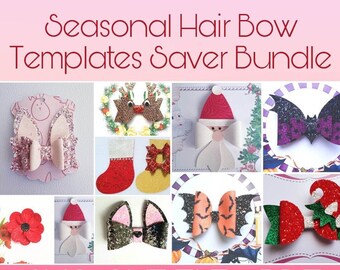 Seasonal hair bow templates SVG PDF Halloween Bat, Cat, Christmas Santa, elf reindeer, stocking easter bunny poppy