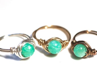 Gemstone wire wrap ring, Light teal quartzite gemstone ring, handmade boho rings, wire wrapped gem statement ring