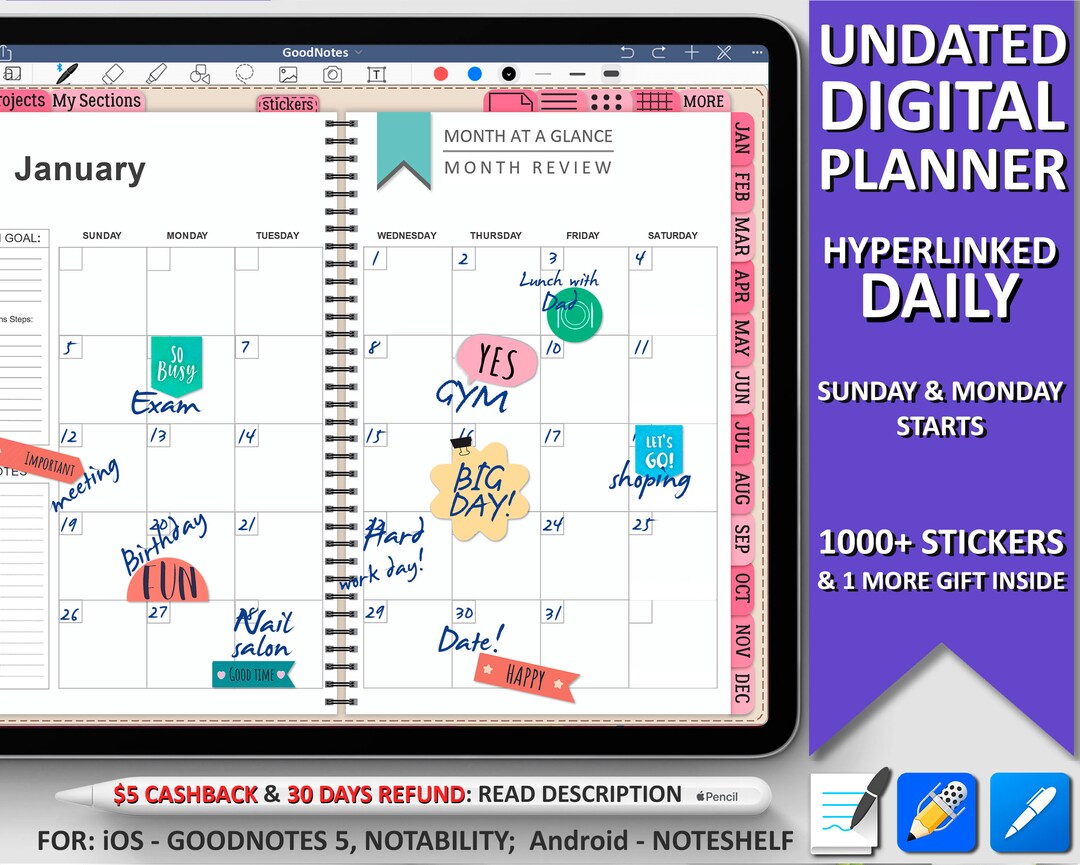 Digital Planner Undated Ipad Goodnote Template Hyperlinked - Etsy