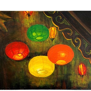 Lantern Nights painting - 11x14 original acrylic on canvas, lantern illumination nighttime scene art