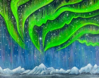 オーロラ、オーロラ、アラスカ先住民の芸術、森の絵画、雪の絵画