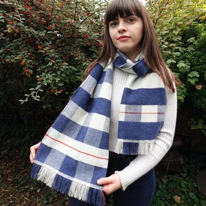 Lambswool Check Scarf Blue & White Handmade Woven Scarf