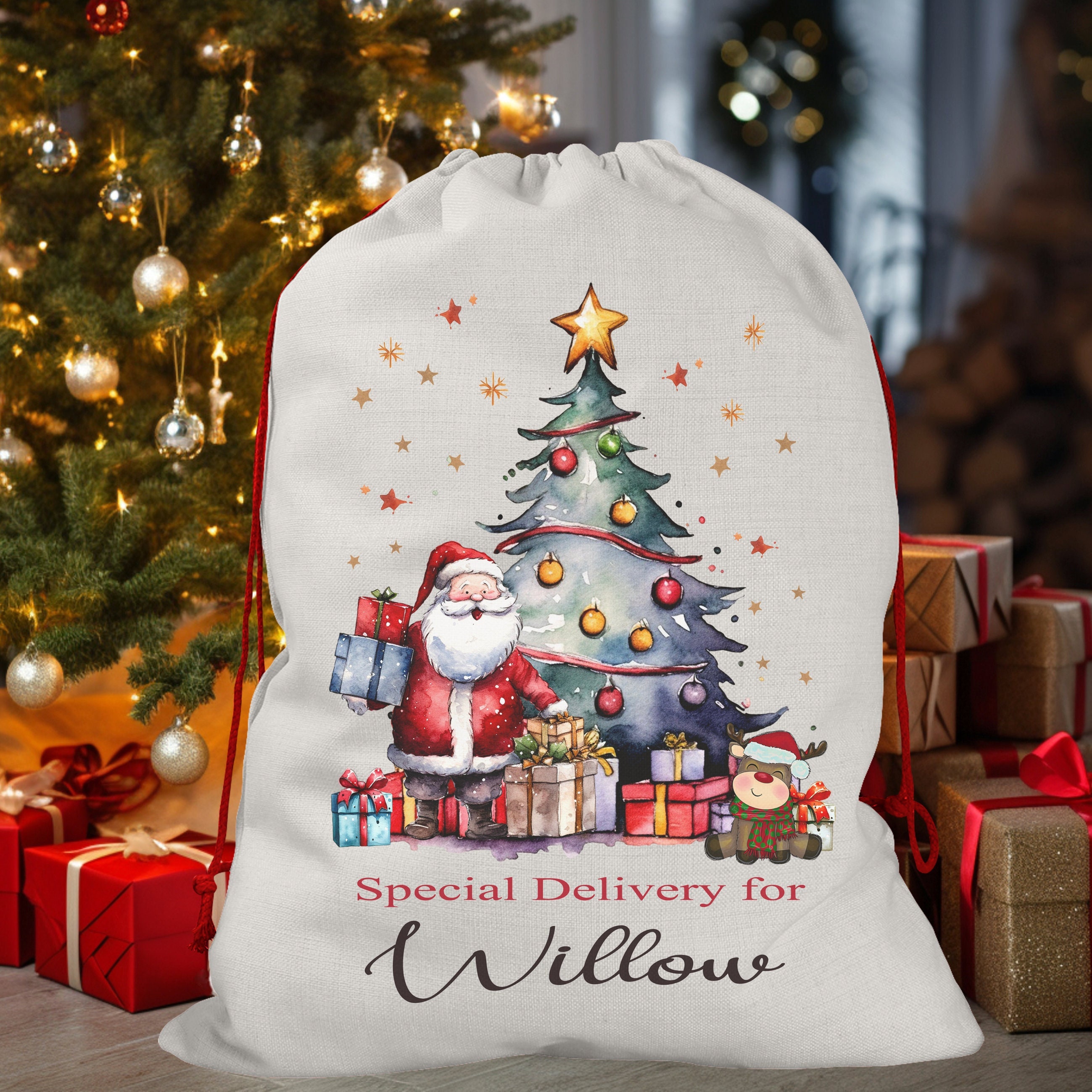 Personalised Santa Sack,Luxury Linen Gift Bag,Christmas Sack Toy Sack/Bag, Snowman, Reindeer, Elf, Festive Ribbon, Presents for Kids, Cute