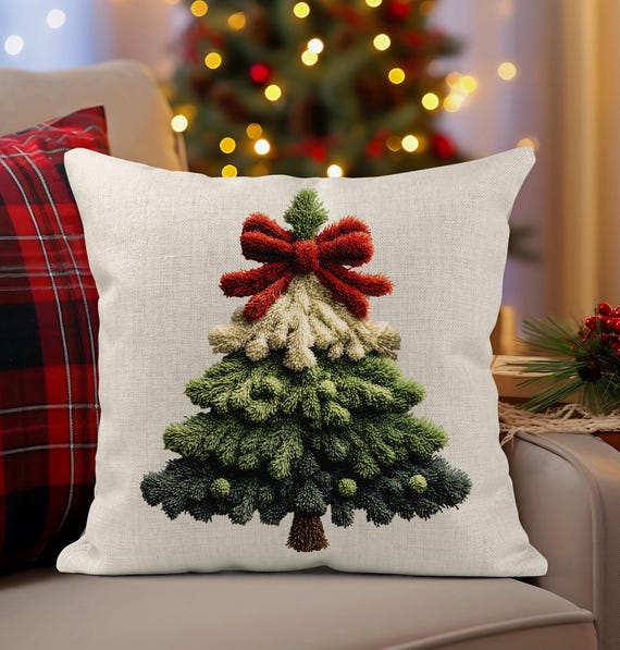 Christmas Tree Linen Cushion/Cover,Nordic Festive Decor,latch hook yarn crochet printed design