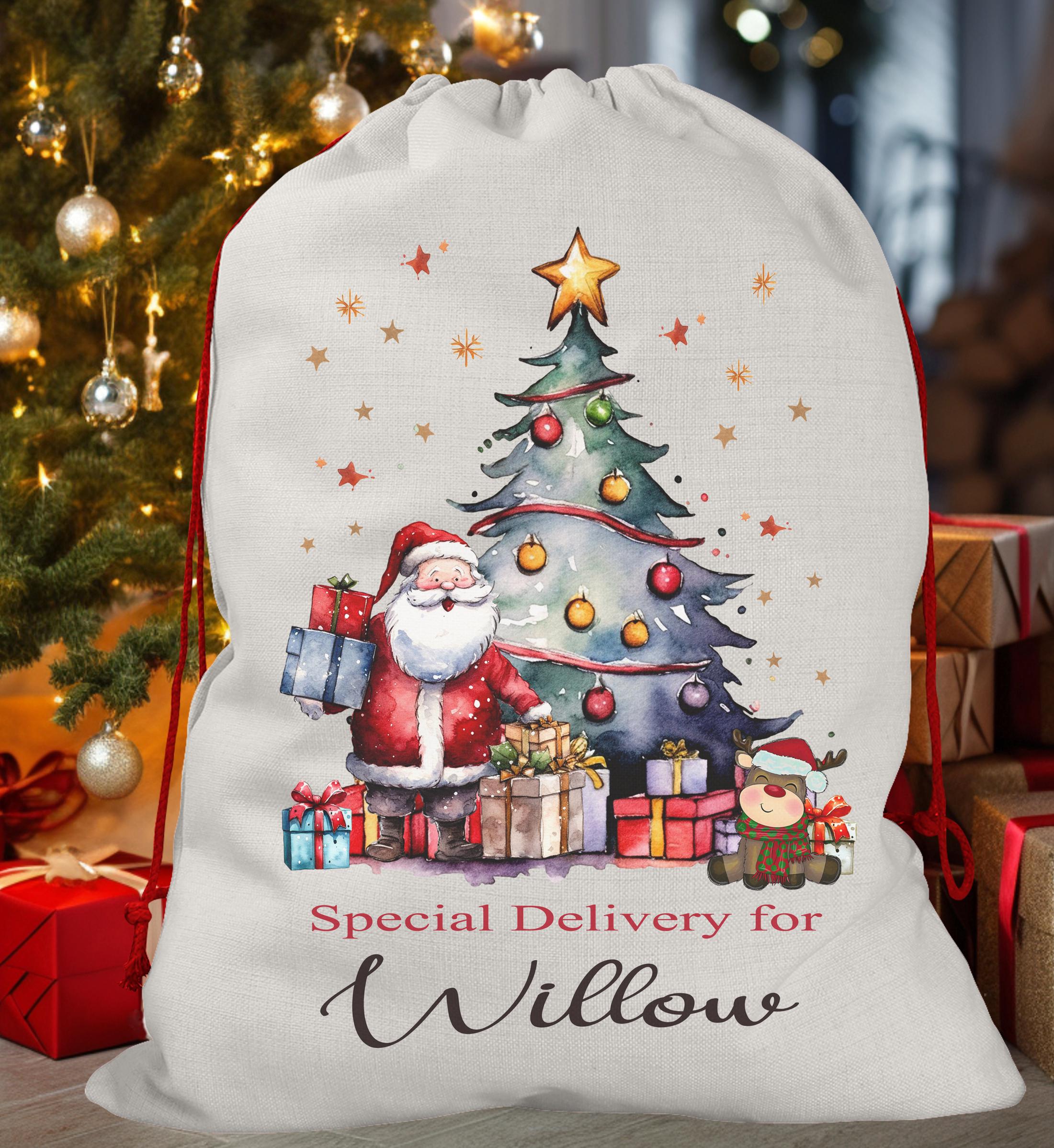Personalised Santa Sack,Luxury Linen Gift Bag,Christmas Sack Toy Sack/Bag, Snowman, Reindeer, Elf, Festive Ribbon, Presents for Kids, Cute