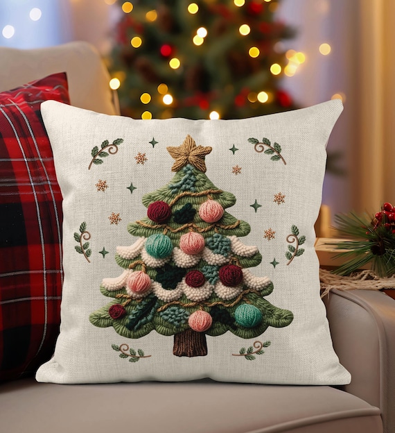 Christmas Tree Linen Cushion/Cover,Festive Decor rustic country cottage,yarn crochet printed design