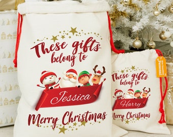 Personalised Santa Sack,Linen Gift Bag,Christmas Sack For Children, Snowman, Reindeer, Elf, Festive Ribbon, Presents for Kids, Cute