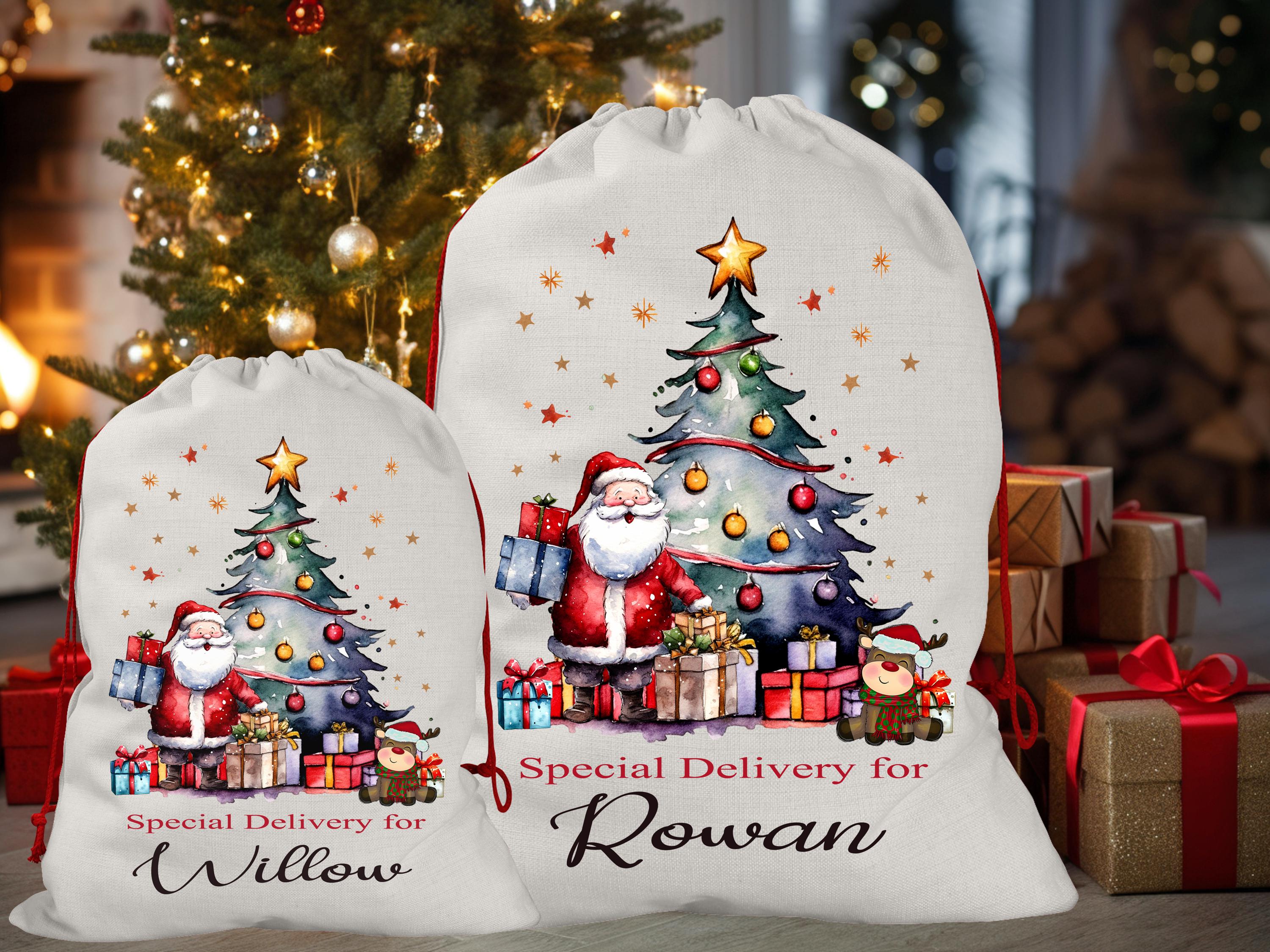 Personalised Santa Sack,Luxury Linen Gift Bag,Christmas Sack Toy Sack/Bag, Snowman, Reindeer, Elf, Festive Ribbon, Presents for Kids, Cute