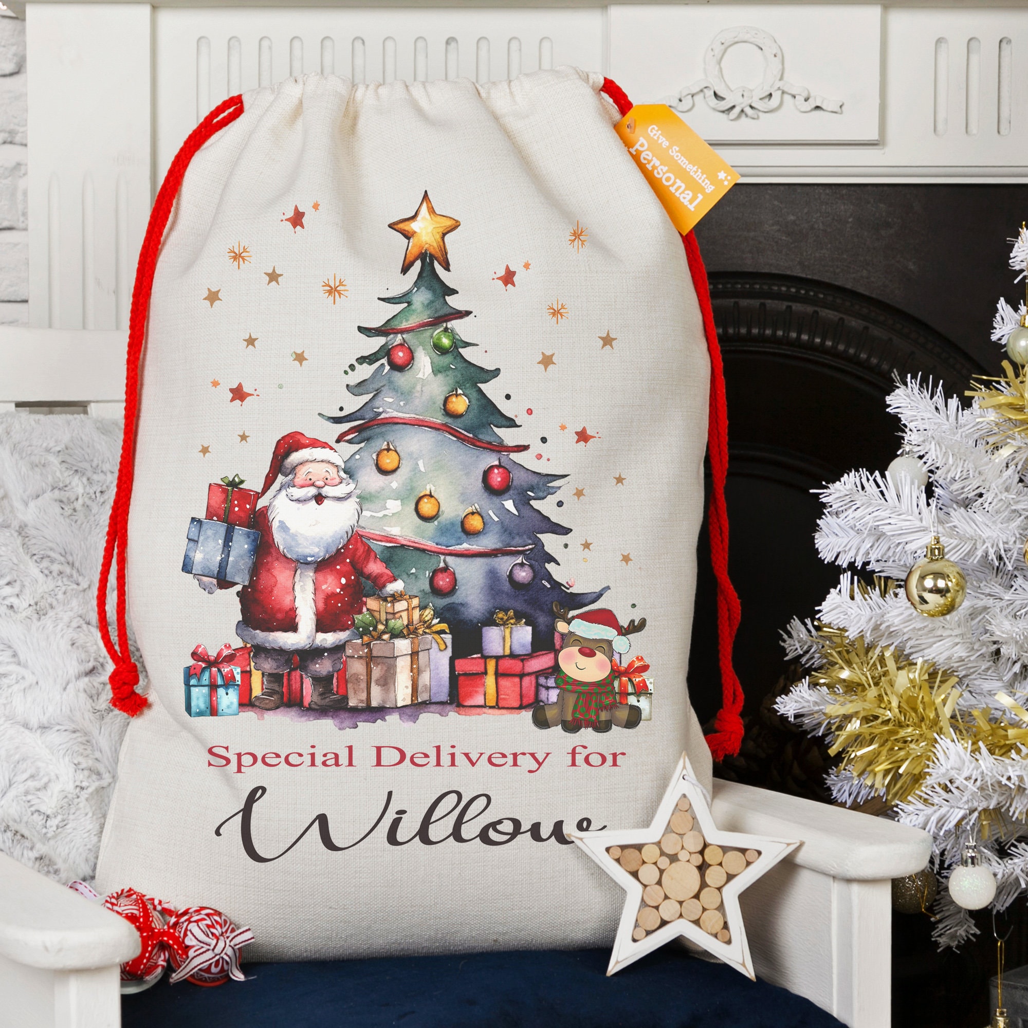 Personalised Santa Sack,Luxury Linen Gift Bag,Christmas Sack Toy Sack/Bag, Snowman, Reindeer, Elf, Festive Ribbon, Presents for Kids, Cute