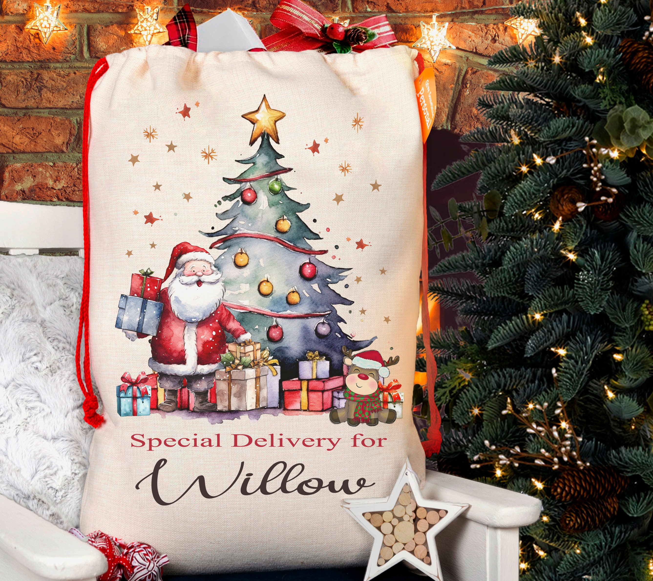 Personalised Santa Sack,Luxury Linen Gift Bag,Christmas Sack Toy Sack/Bag, Snowman, Reindeer, Elf, Festive Ribbon, Presents for Kids, Cute