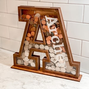 Banco de letras de nombre personalizado, alcancía de nombre personalizado para niños, regalo de madera para bebé, caja de dinero de letras de madera, banco de alfabeto de dinero de decoración de regalo
