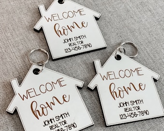 Gepersonaliseerde Welcome Home-sleutelhanger, aangepaste vastgoedsleutelhanger, slotgeschenk, Inwijdingsfeest, nieuw huis, vastgoedmarketingmateriaal