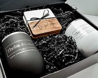 Personalized Wine Tumbler Gift Set - Black & White 12oz Tumblers, Wood Marble Coasters  Custom Tag| Perfect for Housewarming Wedding Gift