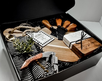 Personalized Acacia Board Gift Set For New Homeowners - Engraved Luxury Gift Set | Custom Housewarming, Wedding, Client, or Christmas Gift