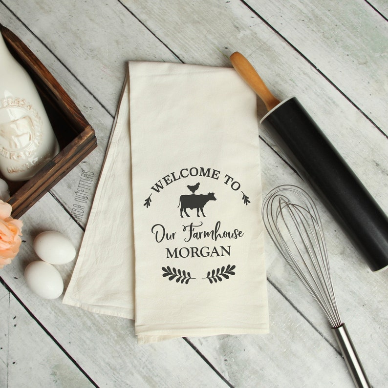 Personalized Tea Towel Last Name Farmhouse Kitchen Towel Etsy