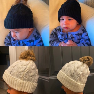 Personalized baby/toddler/adult beanie Engraved Matching Beanie Custom Baby Name Hat Faux Leather Patch Baby Girls Pom Pom Beanie image 2