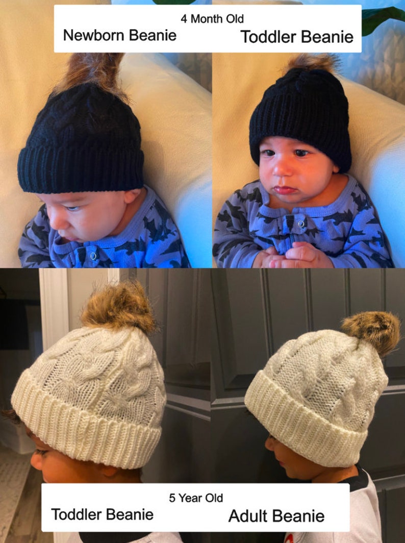 Personalized baby/toddler/adult beanie Engraved Matching Beanie Custom Baby Name Hat Faux Leather Patch Baby Girls Pom Pom Beanie image 2