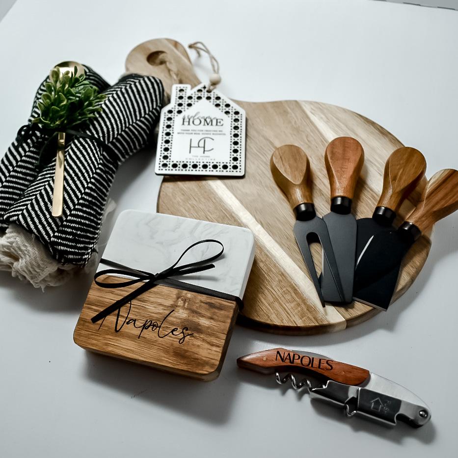 Personalized Acacia Board Gift Set for New Homeowners - Engraved Luxury ...