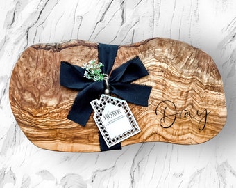 Custom Name Olive Wood Live Edge Cutting Board, Housewarming gift, Last name engraved, Real Estate logo, Client Gift, New Home, Housewarming