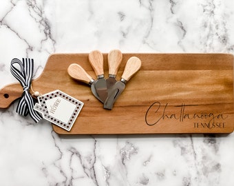 Custom City Cutting Board, Charcuterie Home Closing Gift, Cheese Knives & Board, Real Estate logo, Client Gift, Housewarming