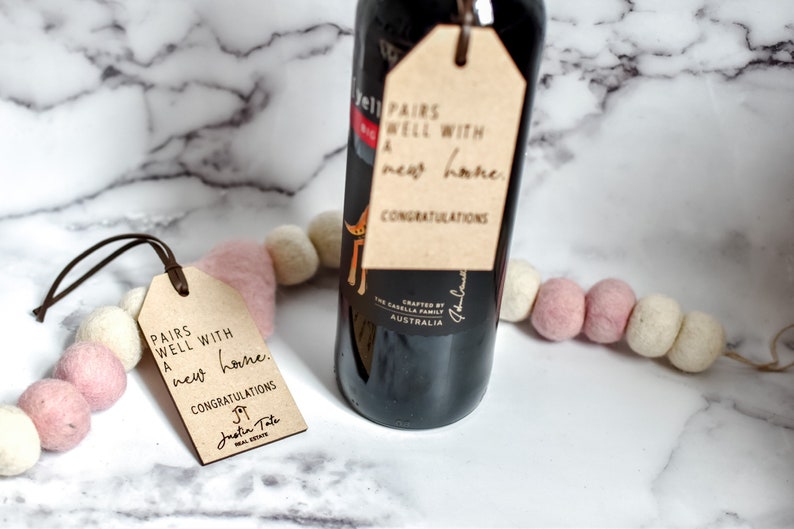 New Home Wine Bottle Tag / Wood Engraved Wine Tag / Closing Gift / Housewarming Wine Tag / Pairs Well with a New Home / Real Estate Logo image 5
