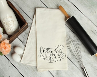 Bless This Mess Tea Towel, Bless This Mess Flour Sack Towel, Thanksgiving Kitchen Towel, God Bless Dish Towel, Cute Housewarming Gift