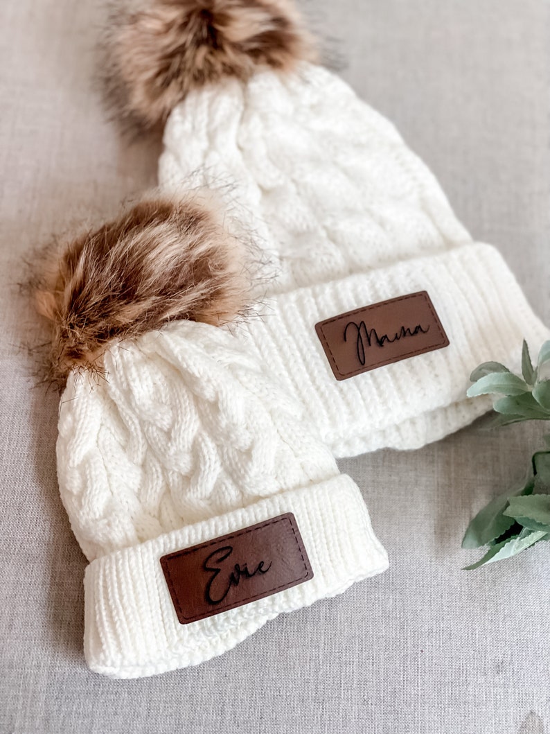 Personalized baby/toddler/adult beanie Engraved Matching Beanie Custom Baby Name Hat Faux Leather Patch Baby Girls Pom Pom Beanie image 3