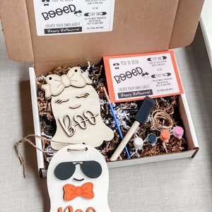 May include: A DIY craft kit to create a ghost decoration. The kit includes a wooden ghost cutout, paint, a paintbrush, twine, and instructions. The ghost has a bow, sunglasses, and the word "Boo" written on it. The instructions say "You've Been Booed!" and "Create Your Own Ghost! Happy Halloween!"