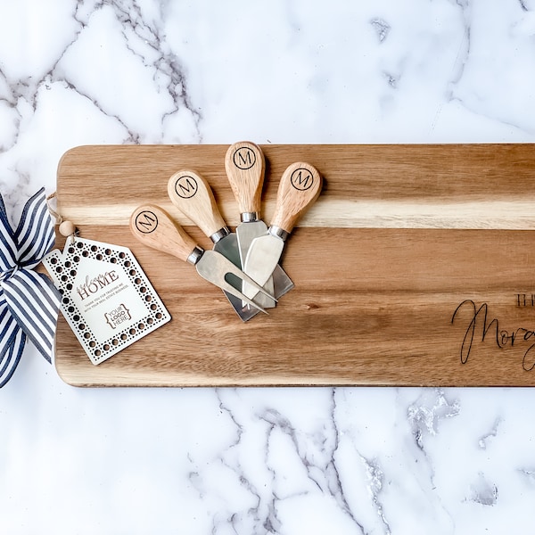 Custom Name Cutting Board, Charcuterie Home Closing Gift, Personalized Cheese Knives & Board, Real Estate logo, Client Gift, Housewarming