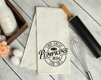 Pumpkin Tea Towel, Fall Kitchen Decor, Farmhouse Fall Kitchen, Flour Sack Towel, Rustic Dish Towels. Rustic Fall Kitchen Decor, Housewarming