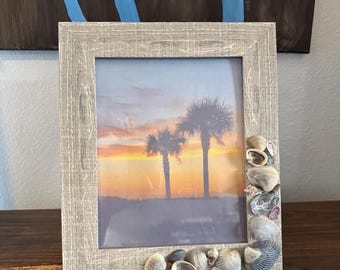 Marco de fotos de conchas marinas, decoración playera desgastada gris, exhibición de fotos de 8x10
