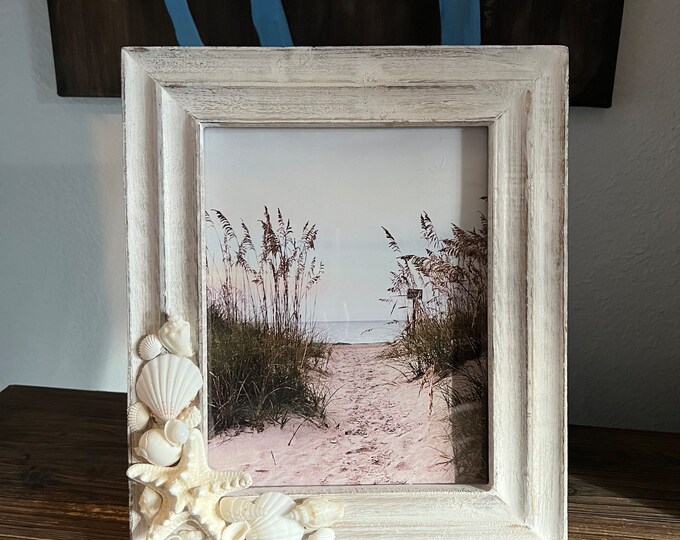 8x10 Beach Frame, Seashell Frame, Shell Picture Frame, Rustic White
