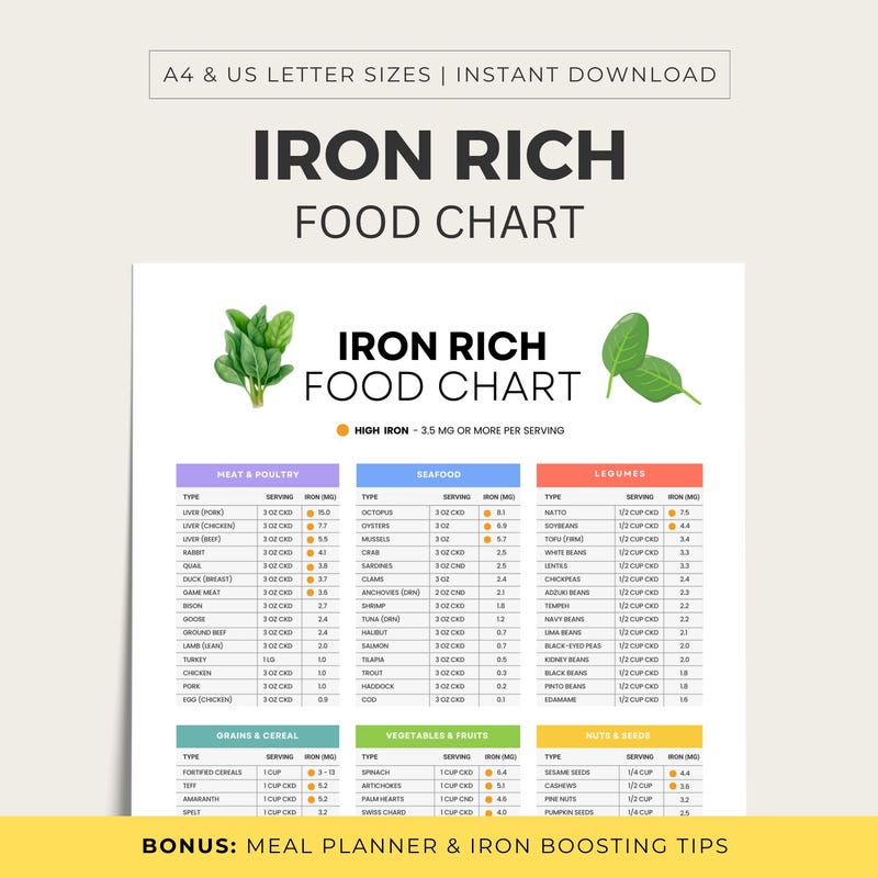 Iron Rich Foods Chart Etsy