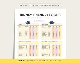 Kidney Friendly, Kidney Disease Food List Printable PDF with Bonus Weekly Meal Planner, Kidney Health Tips, Instant Download
