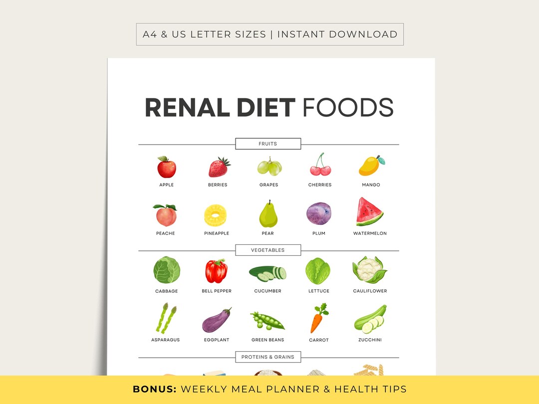 Renal Diet Foods and Kidney Diet Printable PDF With Bonus Weekly Meal ...