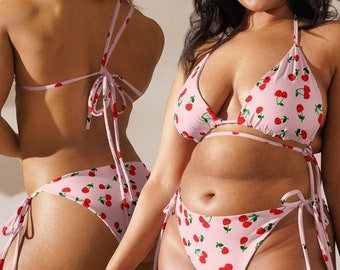 Cherry Berry Fruit Printed Recycled String Bikini/Pink and Red/