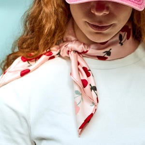 Cherry Silk Satin Scarf – Pink Fruit Print Bandana, Retro 90s Y2K Headscarf, Handmade Square Neck Scarf, Gift for Her