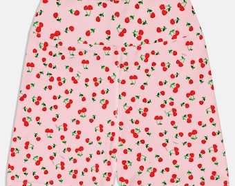 Cherry Print Biker Shorts in Blush-Women&#39;s Yoga High Waisted Lounge Leggings Shorts / Gym Biker Shorts Sustainable Workout/Yoga Shorts