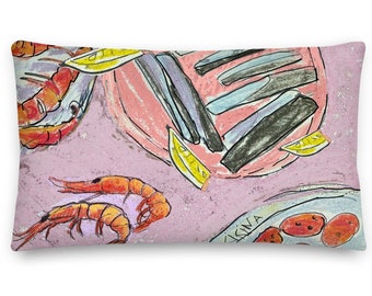 Tapas with Prawns Pillow/Linen Look/ Spanish Dish Cushion, Tapas with Prawns/Shrimp Print, Lobster Print/ Hand Drawn /Y2K interior/ Gen Z