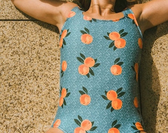 Orange Print Swimsuit in Teal/Citrus Print/Fruit Print/One piece/Bikini/90s style/Made to order swimwear