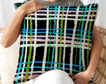 Pastel Grid Reversible Cushion/Checked Pattern Printed Cushion/Decorative Cushion/Multicoloured Checked Pillow