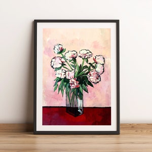 Stampa artistica di peonie, stampa digitale di natura morta senza cornice, opera d'arte dipinta, poster floreale, arte murale floreale su carta, decorazioni per la casa con peonie/regalo per lei