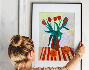 Tulips and Oranges Still-life. Painted Artwork. A3/A4 SIZES/Gift Idea/Poster/Wall Art/Giclee Print/Giclee paper/ Made in London