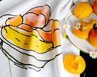 Provence-Alpes-Côte Luxury Linen Tea Towel with Apricots and a Banana Still Life/ Fruit Sketch Book/ Drawing print/Wall Hanging/Peaches