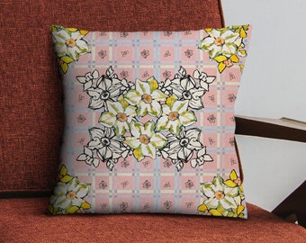 Velvet cushion with a daffodil scarf print| Decorative Pillow/ Soft touch/Gift ideas/Floral print/Yellows and pinks